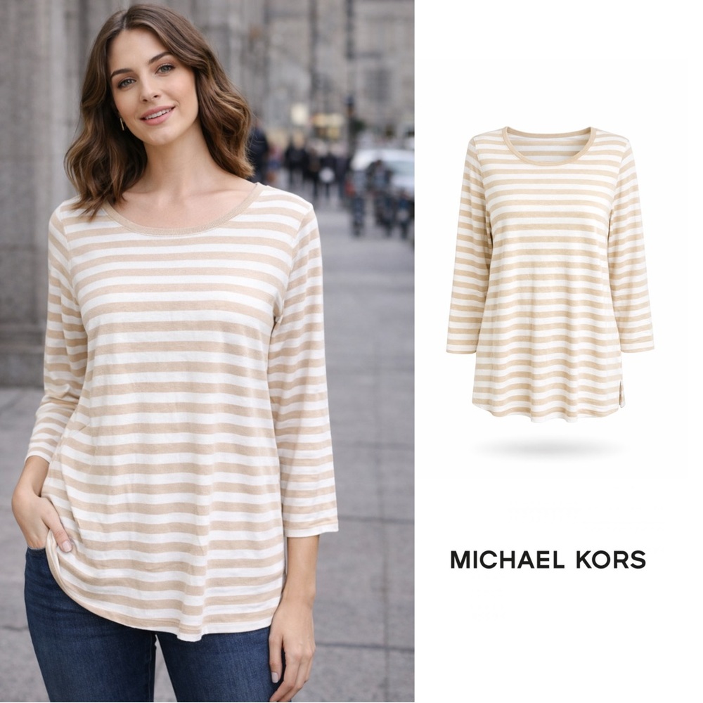 NEW Michael Kors Striped White Beige Tee